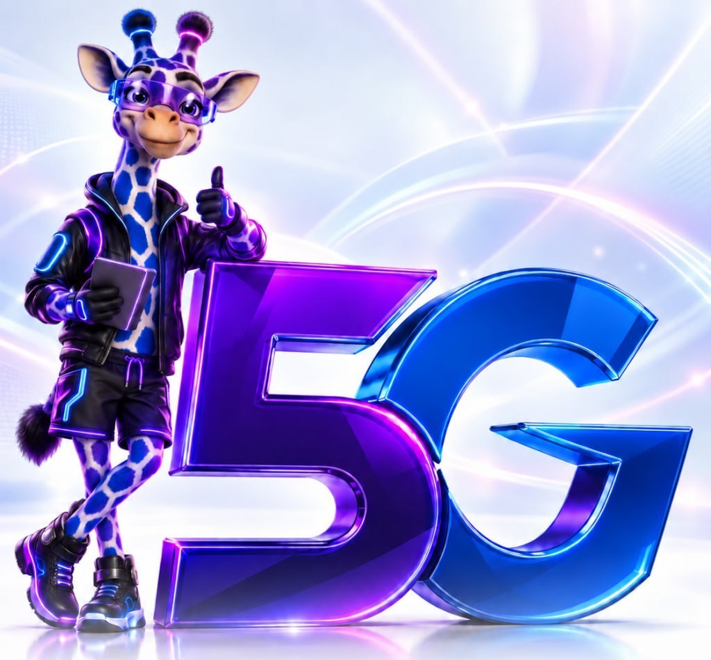 Жираф — маскот 5G Сеть — рядом с объёмными буквами 5G